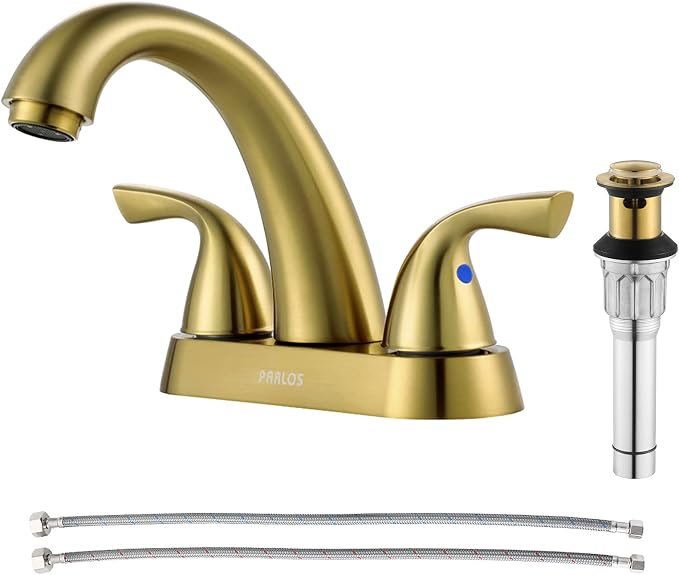 Bathroom Sink Faucet 4 Inch Centerset for Vanity, Brushed Gold | Mid Arc, 2 Handle Lead-Free Deck Mount Bathroom Faucet with Pop Up Drain Supply Lines, for 2 or 3 Hole Lavatory Utility Sink