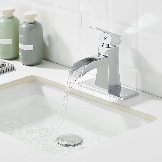 Chrome Waterfall Bathroom Faucet, Sanliv Single Handle Bathroom Sink Faucet for 1 or 3-Hole Sinks (4 Inch Centerset) Modern Farmhouse Vanity Faucet with Pop Up Drain, Polished Chrome