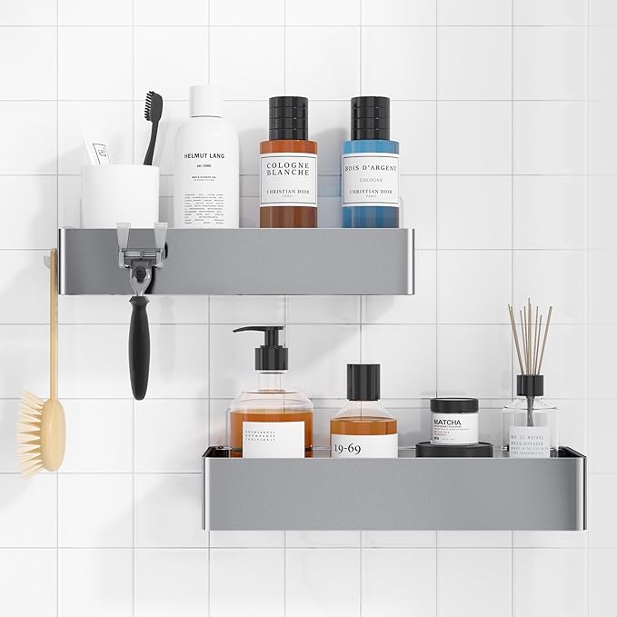 Kitsure Shower Caddy Adhesive, Stylish Shower Organizer, Large, Silver Grey | 2 Pack Shower Shelf for Inside Shower, 100% Rustproof Metal Shelves, No-Drill Bathroom Organizers and Storage