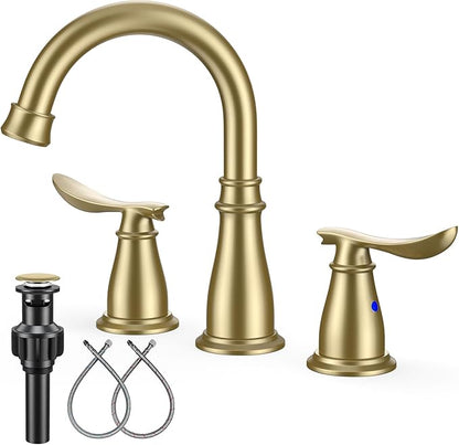 Brushed Gold Bathroom Faucet 3 Hole, 4 Inch Bathroom Sink Faucet with 2 Hot/Cold Handles, Pop-Up Drain, Lead-Free, No-Leak, RV Faucet for Bathroom Sink, Bath, Camper