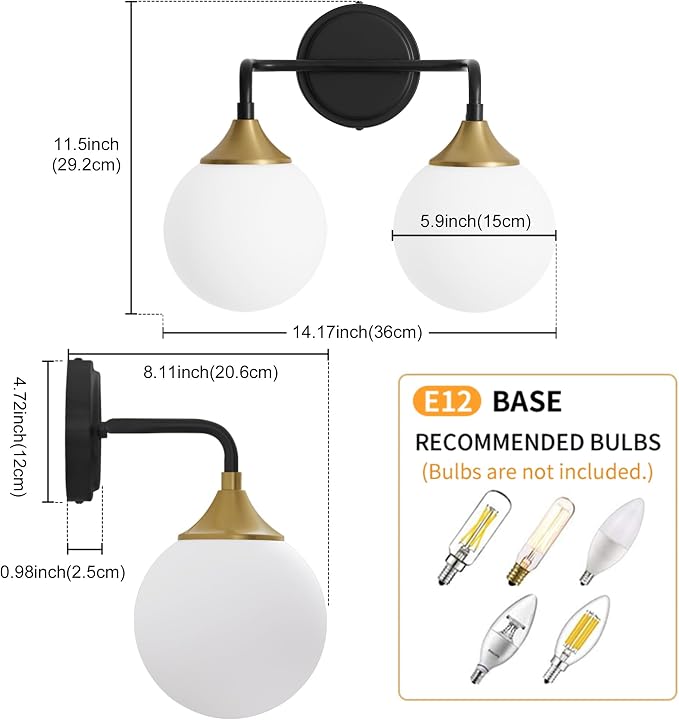 Black Gold Bathroom Light Fixtures Over Mirror Vanity 2-Light | Mid Century Modern Matte Black Gold Wall Sconce with Milky White Glass Ball Shades for for Bathroom Dressing Table Bedroom