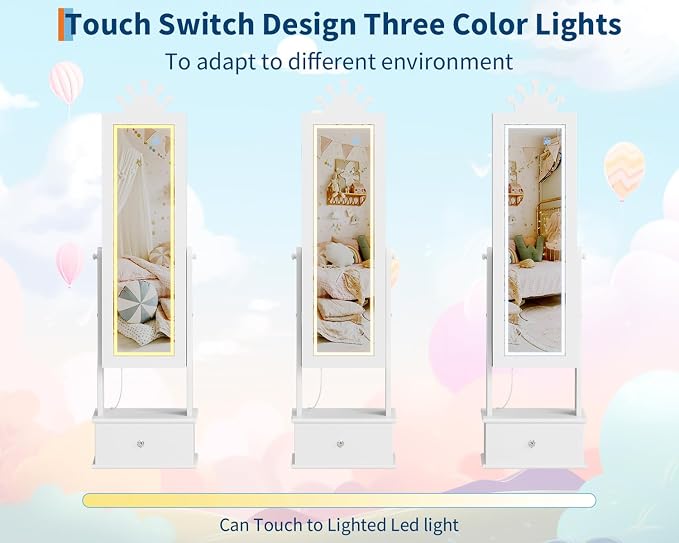 GarveeHome Kids Jewelry Armoire,Child Jewelry Cabinet with Light,Freestanding Jewelry Organizer with Full Length Mirror,3 Storage Drawer,Kids Vanity Dress Up Mirror Jewelry Cabinet for Girls(White)