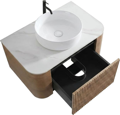 30" Preassembled Floating Bathroom Vanity with Round Sink, Oak | Mid-Century Modern Style, Fluted & Soft-Close Drawer with U-shaped Wall, Sinterted Stone Countertop, Towel Rack Included