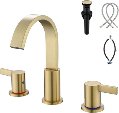 Widespread Gold Bathroom Faucet 3 Hole, Brushed Gold Vanity Faucet | 8 Inch Brushed Gold Bathroom Sink Faucet, Widespread, 360 Swivel Spout, Gold Bathroom Sink Faucet 3 Hole