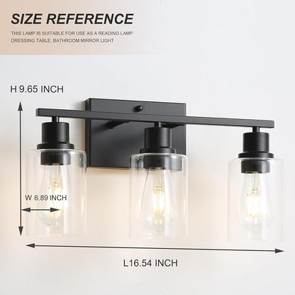 Farmhouse Vanity Light Fixtures,3-Lights Matte Black Bathroom Illumination,Matte Black Vintage Wall Sconces with Clear Glass Shades, Modern Wall Lighting for Mirror,Bedroom,Living Room