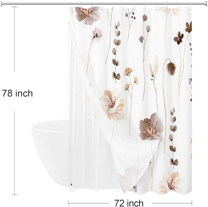 Long 3 in 1 Shower Curtain Set, 72x78 | Long 3 in 1 Shower Curtain Set, PEVA Liner Set & 12 Double Sided Steel Hooks, Waterproof Fabric Bathroom Curtain