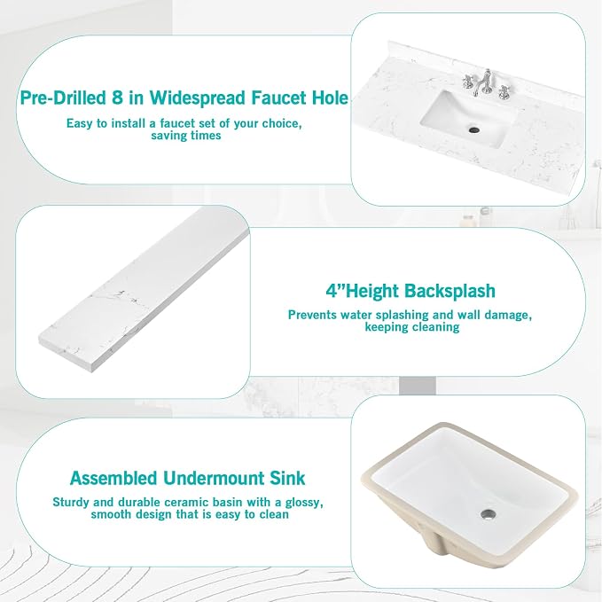 42"x22" Engineered Stone Bathroom Vanity Top with Rectangular Undermount Ceramic Middle Sink, 8 Inch Faucet Hole Spread with Backsplash Bathroom Vanity Sink Top (Cabinet Not Included)