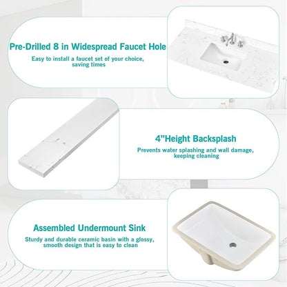 42"x22" Engineered Stone Bathroom Vanity Top with Rectangular Undermount Ceramic Middle Sink, 8 Inch Faucet Hole Spread with Backsplash Bathroom Vanity Sink Top (Cabinet Not Included)