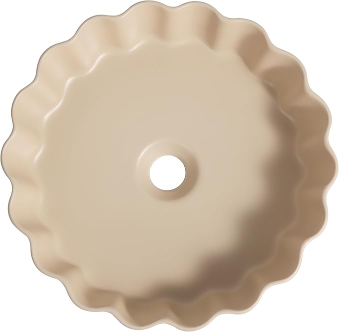 JONATHAN Y SNK1005G 15" Round Bathroom Vessel Sink, Art Deco Scallop Above Counter Vanity Sink, Matte Beige Ceramic Basin for Modern Powder Room and Lavatory