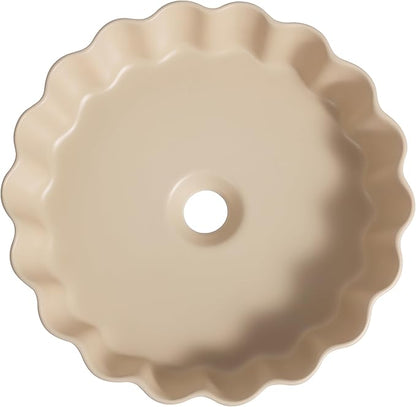 JONATHAN Y SNK1005G 15" Round Bathroom Vessel Sink, Art Deco Scallop Above Counter Vanity Sink, Matte Beige Ceramic Basin for Modern Powder Room and Lavatory