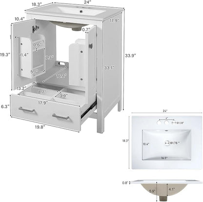 24" Freestanding Bathroom Vanity with Sink, Floor Stand Bathroom Storage Cabinet with Ceramic Sink, Doors with Double-Layered Storage Shelves, Modern Compact Vanity with Divided Drawer, White