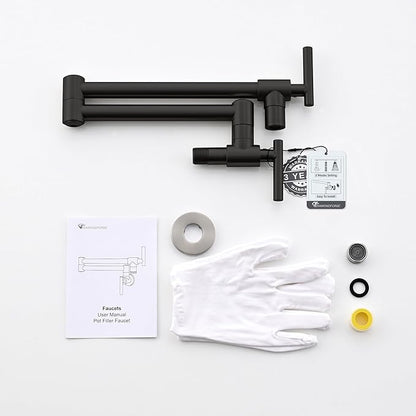 Pot Filler Faucets - for Kitchen, Sink, Stove and Bar with Brass Wall Mount Double Joint Swing Arms - Leak Free Designs with High-Flow Aerators - Retractable and Folding Save Space - Matte Black