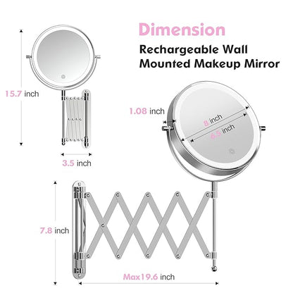 Rechargeable Wall Mounted Makeup Mirror - 8 Inch Double Sided 1X/20X Magnifying Mirror with 3 Color Lights Dimmable Touch Screen, 360°Swivel 19.6 Inch Extendable Accordion Bathroom Mirror