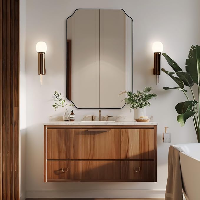 Brushed Bronze Scalloped Mirror, 26"x38" Bathroom Vanity Mirror, Antique Scalloped Mirror in Premium Stainless Steel Frame, Timeless Shape with Unique Flair, Hangs Vertically/Horizontally