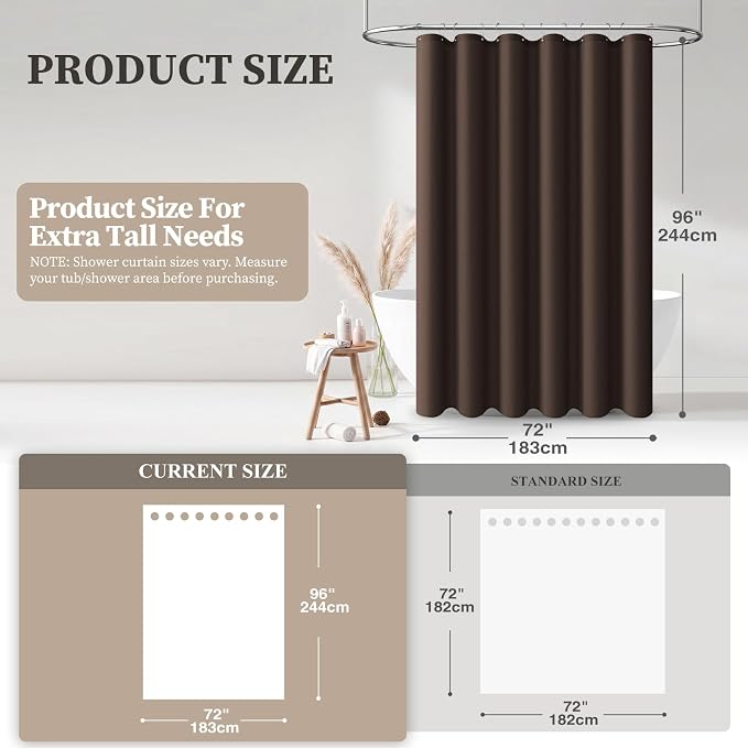 Extra Long Linen Textured Waterproof Shower Curtain, 72x96, Brown | Extra Tall Size, 230GSM Polyester, Heavy Duty Cloth, Weighted Hem, 12 Plastic Hooks, Modern Hotel Style, Machine Washable