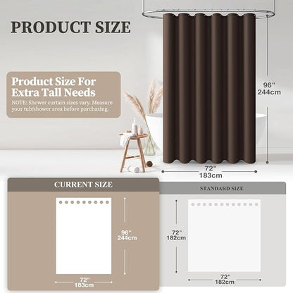 Extra Long Linen Textured Waterproof Shower Curtain, 72x96, Brown | Extra Tall Size, 230GSM Polyester, Heavy Duty Cloth, Weighted Hem, 12 Plastic Hooks, Modern Hotel Style, Machine Washable
