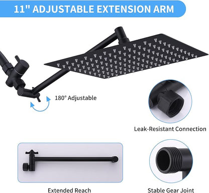 Peicuai Shower Head Combo, 10-Inch High-Pressure Rainfall Shower Head with 11-Inch Adjustable Extension Arm, 5-Setting Matte Black Handheld Shower with Long Hose, Powerful Spray for Low Water Pressure