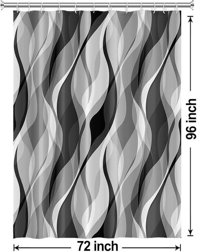 Grey Shower Curtain, Modern Abstract Black and Grey Striped Shower Curtain Set for Bathroom Waterproof White Gray Shower Curtain with Hooks, 72x96 Inch