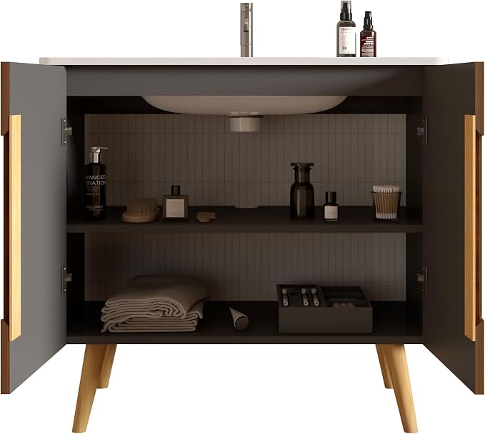 36" Modern Bathroom Vanity with Sink, Mid Century Modern Walnut Bathroom Cabinet with 2 Soft Close Doors, Large Storage with Adjustable Shelf