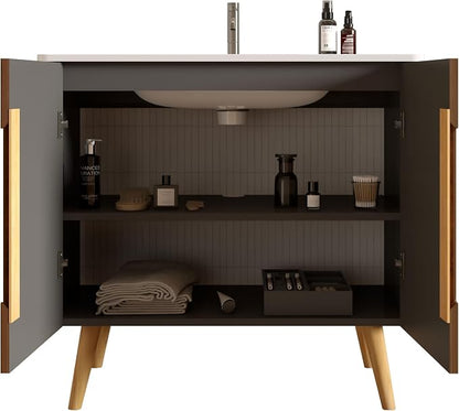 36" Modern Bathroom Vanity with Sink, Mid Century Modern Walnut Bathroom Cabinet with 2 Soft Close Doors, Large Storage with Adjustable Shelf