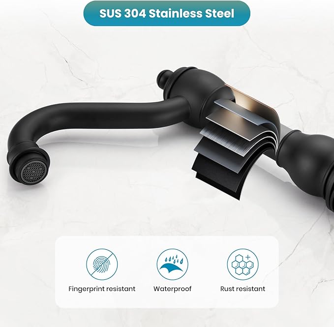 gotonovo 8 Inch Widespread Bathroom Faucets for Sink 3 Hole 2 Lever Handle Deck Mount with Pop Up Drain Hot and Cold Water Supply Lines Matte Black