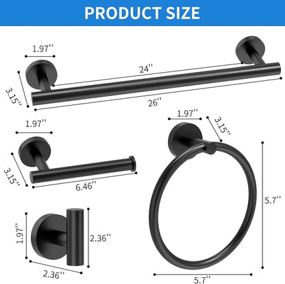 Matte Black Bathroom Accessories, Bathroom Hardware Set, SUS304 Stainless Steel Bathroom Towel Bar Set with 24 Inch Towel Holder, 2 Towel Hooks, Toilet Paper Holder, Towel Ring