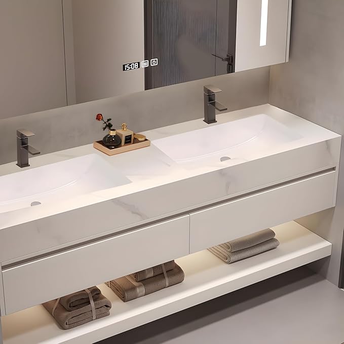 76 Inch Double Sink Modern Bathroom Vanity Set with LED Storage Mirror - Waterproof Multi-Layer Wood Cabinet, Quartz Stone Top & Ceramic Sink, Seamless Design for Easy Cleaning, White‌