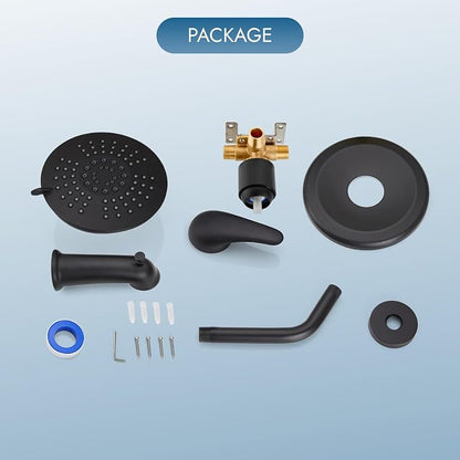 Bathtub Shower Faucet Set Wall Mounted 6 Inch 5-Spray Rainfall Shower Head with Rough-in Valve Single Handle Control Shower Trim Kit with Tub Spout, Matte Black