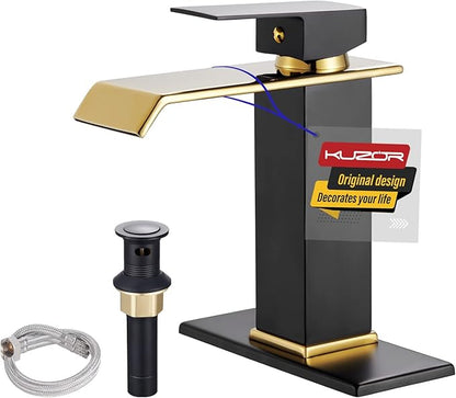 Black & Gold Waterfall Bathroom Sink Faucet – Single Hole 304 Stainless Steel Faucet with Metal Pop-Up Drain, Low-Profile Design for Modern Vanities