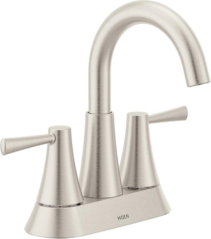 Moen Ronan Spot Resist Brushed Nickel Two-Handle 4" Centerset Modern Bathroom Faucet with Push-Down Drain, 84022SRN
