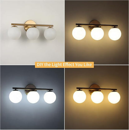foucasal Gold 3-Light Globe Bathroom Vanity Light Fixture Over Mirror | G9 Socket, Plastic Milk Globe Shades, 4.72" Base, 10W Max, Adjustable Up/Down Light, Mid Century Style for Bathroom Bedroom