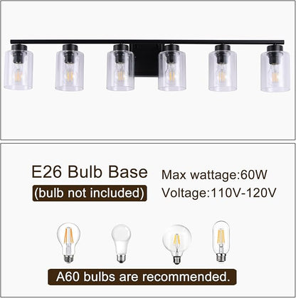 6 Light Bathroom Light Fixtures, 40 Inches Bathroom Lighting Fixtures Over Mirror, Black Vanity Light with Clear Glass Shades