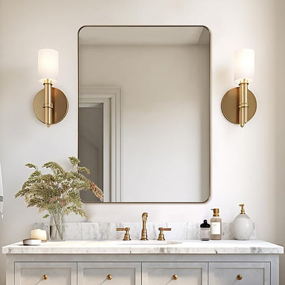 Gold Bathroom Mirror,22x30'' Brushed Brass Metal Frame Rounded Corner Wall Mirror,Rectangle Wall Mounted Mirror Glass Panel Hangs Horizontal or Vertical for Bathroom,Vanity,Washroom