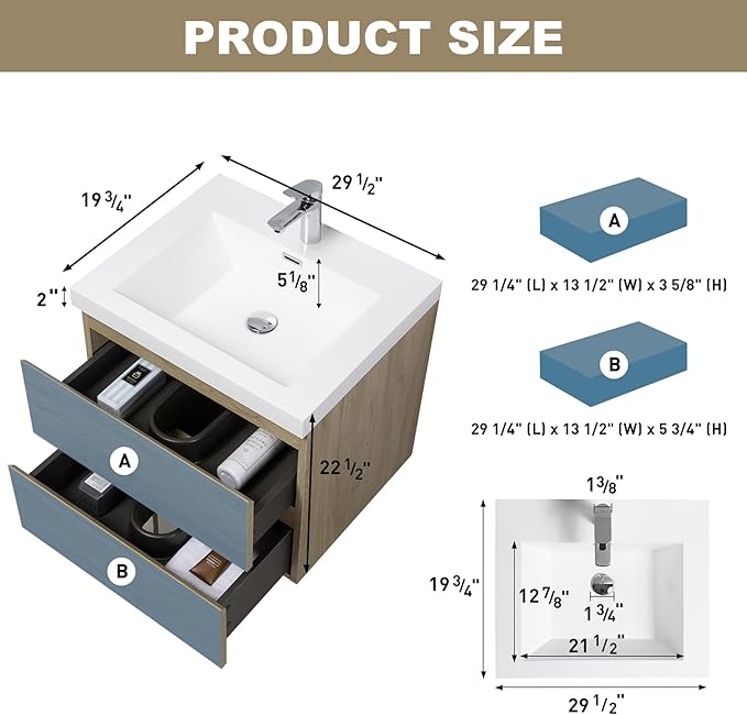 Floating Vanity Bathroom, 30 Inch Bathroom Vanity with Sink, Wall Mounted Single Sink Bathroom Vanity, Soft Closed 2 Drawers, Integrated Sink (Natural Oak)