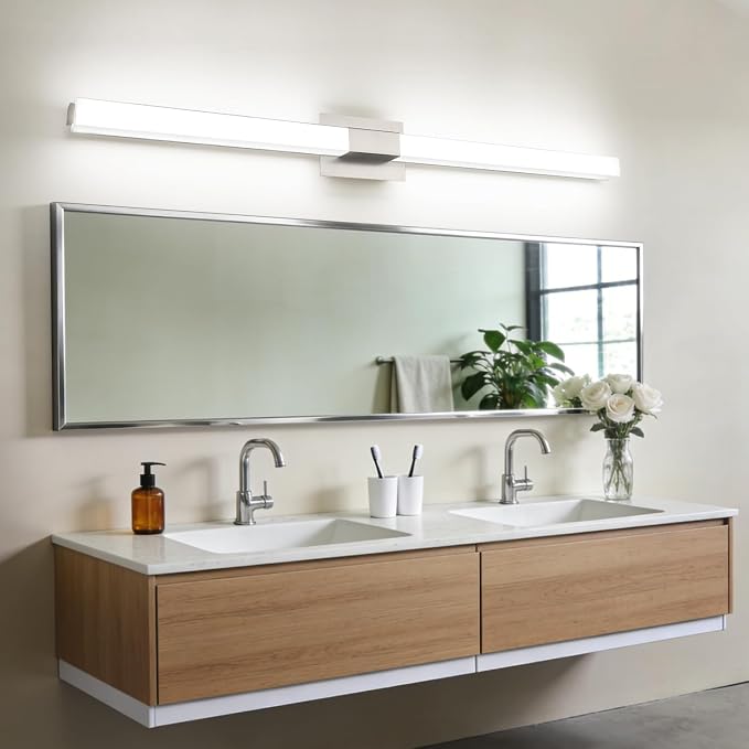 Brushed Nickel Dimmable Vanity Light - Extra Long Modern Bathroom Light Fixtures Over Mirror 28W Brightness IP44 Waterproof
