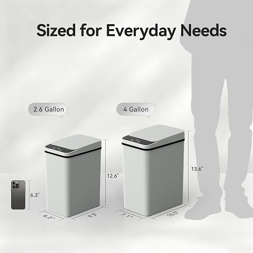FRESHLIX Bathroom Trash Can 2.6 Gallon Automatic Small Garbage Can with Lid, Slim Motion Sensor Plastic Narrow Trash Bin for Bedroom, Kitchen, Office (A-Basic Battery Supply-Grey, 1 Pack(2.6 Gallon))