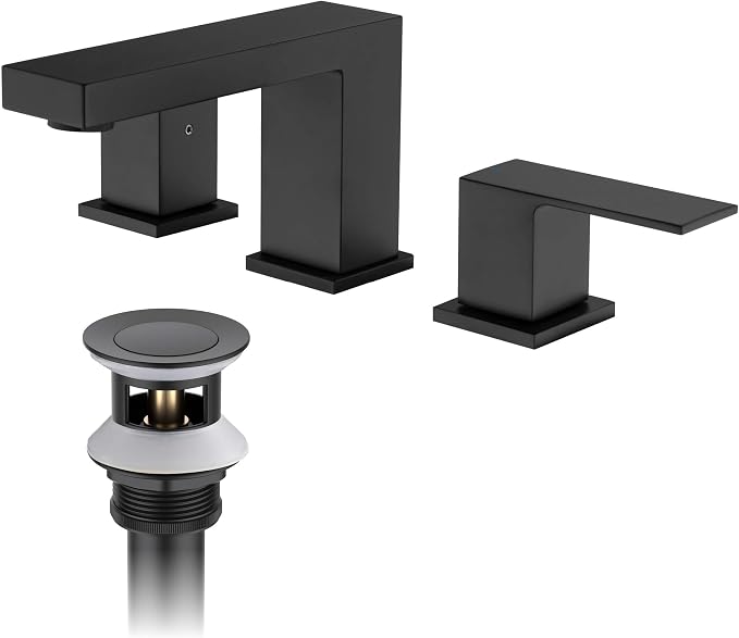2-Handle Cube Bathroom Sink Faucet with Drain Assembly | 3-Hole Installation, Solid Brass Construction | 8-Inch Wide Spread Lavatory Faucet | Matte Black, KBF1024