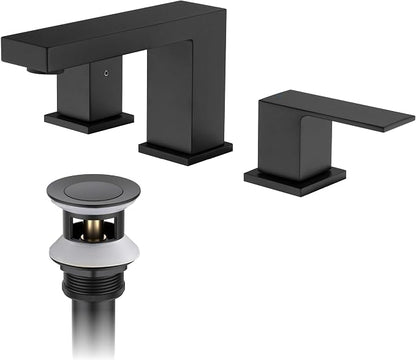 2-Handle Cube Bathroom Sink Faucet with Drain Assembly | 3-Hole Installation, Solid Brass Construction | 8-Inch Wide Spread Lavatory Faucet | Matte Black, KBF1024