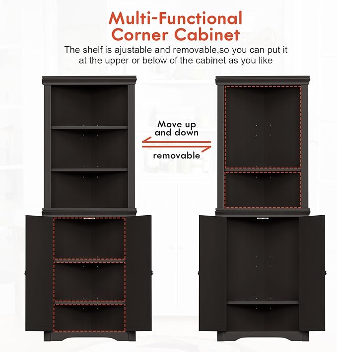 YESHOMY Corner Cabinet, Storage Cupboard with Doors, Brown | Tall Storage Cabinet with Adjustable Shelves, for Living Room, Bathroom, Kitchen