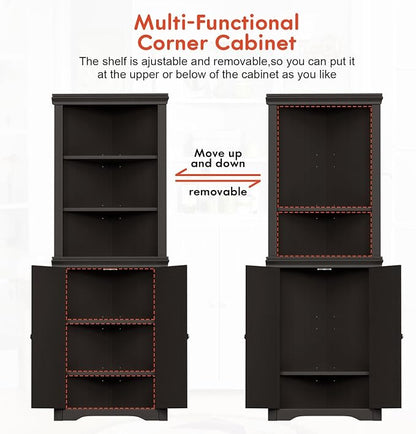 YESHOMY Corner Cabinet, Storage Cupboard with Doors, Brown | Tall Storage Cabinet with Adjustable Shelves, for Living Room, Bathroom, Kitchen