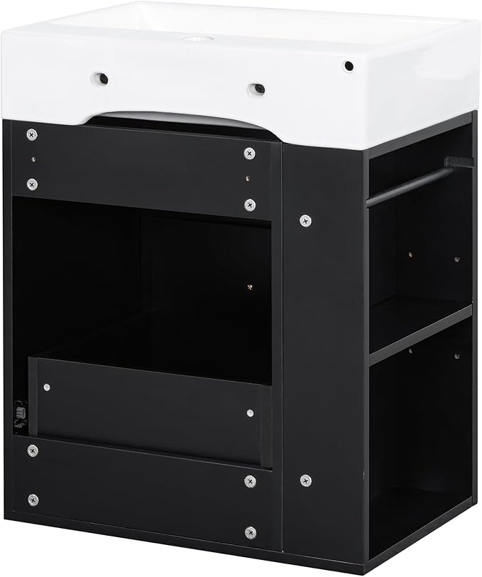Harper & Bright Designs 20" Bathroom Vanity with Sink, Wall-Mounted Single Basin Vanity Set with One Drawer & Two-Tier Left Side Storage Shelf, Storage Cabinet with Ceramic Basin for Bathroom, Black