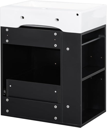 Harper & Bright Designs 20" Bathroom Vanity with Sink, Wall-Mounted Single Basin Vanity Set with One Drawer & Two-Tier Left Side Storage Shelf, Storage Cabinet with Ceramic Basin for Bathroom, Black