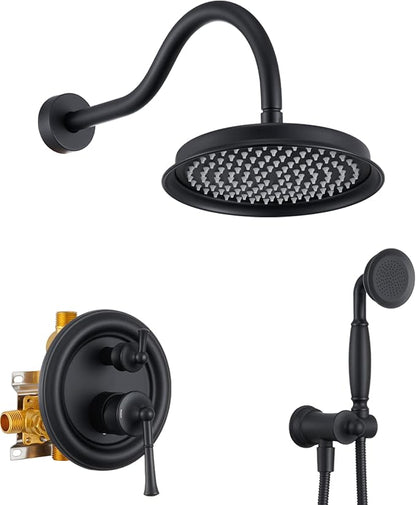 Rain Shower Head with Handheld Spray, Rainfall Shower System with Rough-in Valve, Shower Faucet Set with Pressure Balance Valve, 9 Inch Luxury Shower Trim Kit Wall Mount, Matte Black