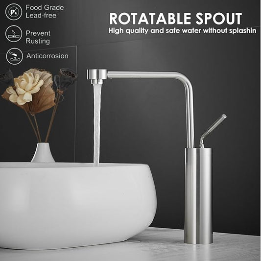 Bathroom Faucet Tall Vessel Sink Faucet Brushed Nickel - Bathroom Vanity Sink Faucet One Hole Single Handle Solid Brass, with Water Supply Hoses