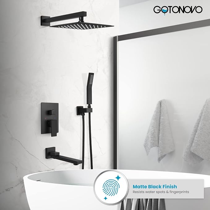 gotonovo Tub Shower Faucet Set with Valve Kit 12’’ Head,Matte Black | Shower System with Tub Spout,SUS304 Rain Head with Handheld Sprayer,Swivel Spout,All Metal,Rough-In Valve Trim Kit,Wall Mount