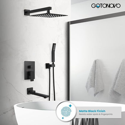 gotonovo Tub Shower Faucet Set with Valve Kit 12’’ Head,Matte Black | Shower System with Tub Spout,SUS304 Rain Head with Handheld Sprayer,Swivel Spout,All Metal,Rough-In Valve Trim Kit,Wall Mount