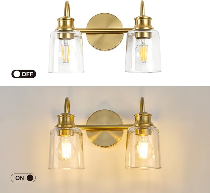 2 Lights Bathroom Light Fixtures Modern Gold Vanity Lights | ETL Certificate, Easy to Install,Wall Mount Up or Down,Thickened Glass Lampshade,E26 Socket,Hardwired