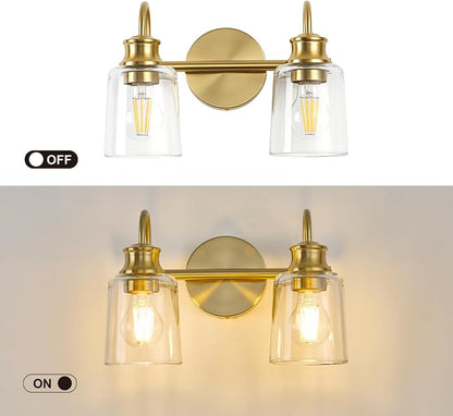 2 Lights Bathroom Light Fixtures Modern Gold Vanity Lights | ETL Certificate, Easy to Install,Wall Mount Up or Down,Thickened Glass Lampshade,E26 Socket,Hardwired