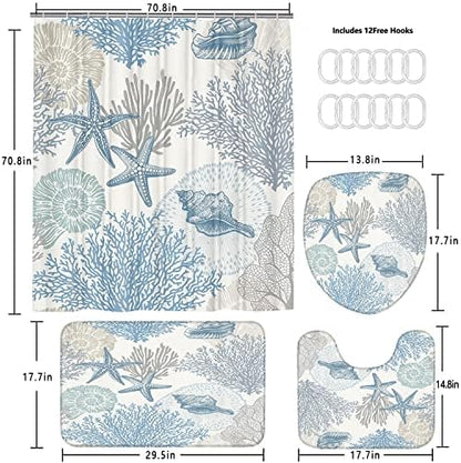 Nkzply 4 Pcs Beach Shower Curtain Set Blue Starfish Bathroom Sets with Shower Curtain and Rugs Ocean Seashell Coral Bathroom Decor Accessories Nautical Bathroom Rug Set Toilet Lid Cover 12 Hooks