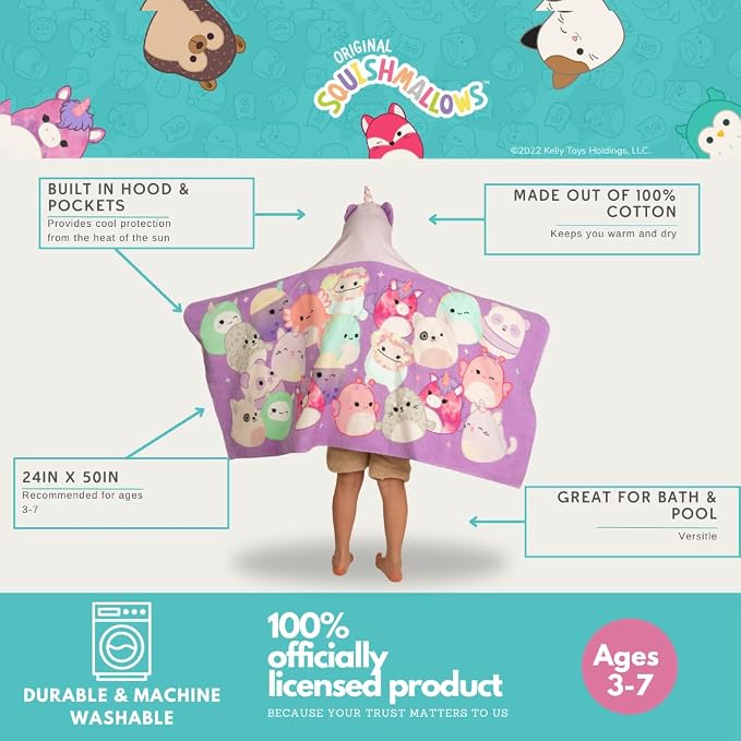 Squishmallows Kids Super Soft Bath/Pool/Beach Soft Cotton Terry Hooded Towel Wrap, 24 in x 50 in, (Officially Licensed Product) By Franco